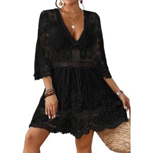 imageBsubseach Womens Contrast Lace Coverups Sexy V Neck Swimwear Bikini Swimsuit Cover Up Beach DressBlack