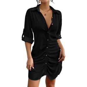 imageBsubseach Womens Swimsuit Cover Up Laper Collar Button Down Beach Dress Pleated Hem Shirt Swimsuit Cover UpBlack