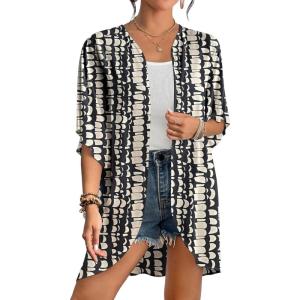 imageBsubseach Womens Tie Dye Kimono Cardigan Loose Beach Cover Up Half Sleeve Swimwear Bikini Cover UpBlack  White