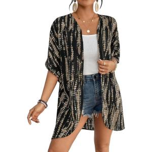 imageBsubseach Womens Tie Dye Kimono Cardigan Loose Beach Cover Up Half Sleeve Swimwear Bikini Cover UpBlack Tie Dye