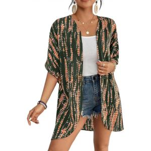 imageBsubseach Womens Tie Dye Kimono Cardigan Loose Beach Cover Up Half Sleeve Swimwear Bikini Cover UpDark Green
