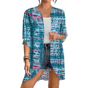 imageBsubseach Womens Tie Dye Kimono Cardigan Loose Beach Cover Up Half Sleeve Swimwear Bikini Cover UpLake Blue