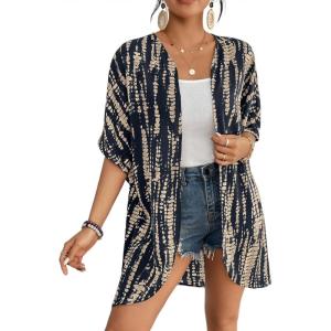 imageBsubseach Womens Tie Dye Kimono Cardigan Loose Beach Cover Up Half Sleeve Swimwear Bikini Cover UpNavy Blue