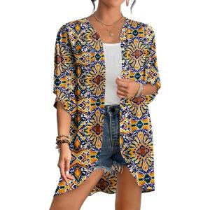 imageBsubseach Womens Tie Dye Kimono Cardigan Loose Beach Cover Up Half Sleeve Swimwear Bikini Cover UpOrange Flowers