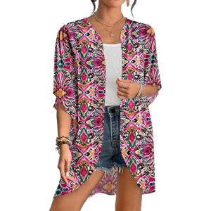 imageBsubseach Womens Tie Dye Kimono Cardigan Loose Beach Cover Up Half Sleeve Swimwear Bikini Cover UpRed