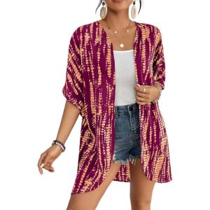 imageBsubseach Womens Tie Dye Kimono Cardigan Loose Beach Cover Up Half Sleeve Swimwear Bikini Cover UpRose Red