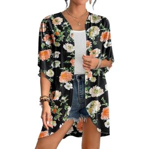 imageBsubseach Womens Tie Dye Kimono Cardigan Loose Beach Cover Up Half Sleeve Swimwear Bikini Cover UpYellow Flowers