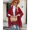 imageBsubseach Knit Shawl Wraps for Women Soft Fringe Poncho Sweater Cape with Hooded for Fall WinterRed