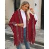 imageBsubseach Knit Shawl Wraps for Women Soft Fringe Poncho Sweater Cape with Hooded for Fall WinterRed