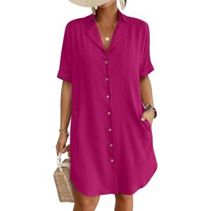imageBsubseach Button Down Beach Cover Up for Women Bikini Swimsuit Coverups for Women 2025 Button Down Beach Dress ShirtRose Red