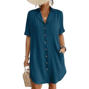 imageBsubseach Button Down Beach Cover Up for Women Bikini Swimsuit Coverups for Women 2025 Button Down Beach Dress ShirtSea Blue
