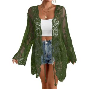 imageBsubseach Kimonos for Women 2025 Lace Swimsuit Cover Ups Open Front Back Cut Out Beach Summer CardiganArmy Green