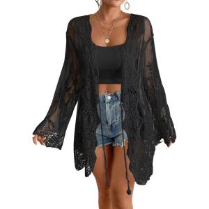 imageBsubseach Kimonos for Women 2025 Lace Swimsuit Cover Ups Open Front Back Cut Out Beach Summer CardiganBlack