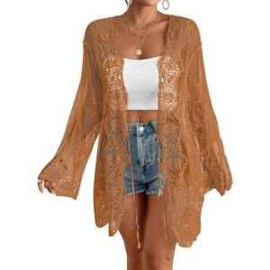 imageBsubseach Kimonos for Women 2025 Lace Swimsuit Cover Ups Open Front Back Cut Out Beach Summer CardiganOrange Brown