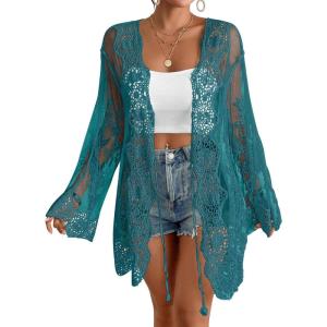 imageBsubseach Kimonos for Women 2025 Lace Swimsuit Cover Ups Open Front Back Cut Out Beach Summer CardiganPeacock Blue