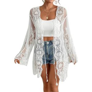 imageBsubseach Kimonos for Women 2025 Lace Swimsuit Cover Ups Open Front Back Cut Out Beach Summer CardiganWhite