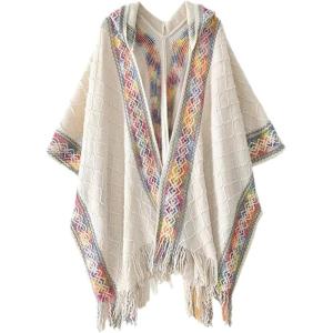 imageBsubseach Knit Shawl Wraps for Women Soft Fringe Poncho Sweater Cape with Hooded for Fall WinterBeige