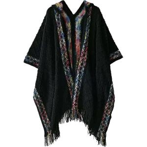 imageBsubseach Knit Shawl Wraps for Women Soft Fringe Poncho Sweater Cape with Hooded for Fall WinterBlack
