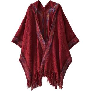 imageBsubseach Knit Shawl Wraps for Women Soft Fringe Poncho Sweater Cape with Hooded for Fall WinterRed