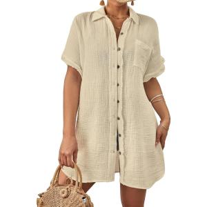 imageBsubseach Women Swimsuit Coverup Button Down Bathing Suit Cover Ups for Swimwear Short Sleeve Bikini Beach ShirtApricot
