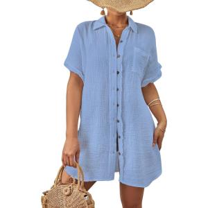 imageBsubseach Women Swimsuit Coverup Button Down Bathing Suit Cover Ups for Swimwear Short Sleeve Bikini Beach ShirtBlue