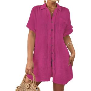 imageBsubseach Women Swimsuit Coverup Button Down Bathing Suit Cover Ups for Swimwear Short Sleeve Bikini Beach ShirtRose Red