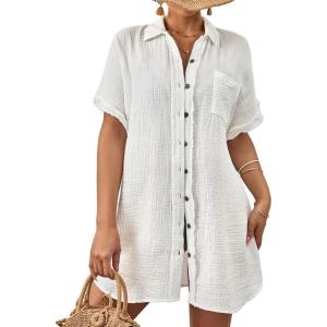 imageBsubseach Women Swimsuit Coverup Button Down Bathing Suit Cover Ups for Swimwear Short Sleeve Bikini Beach ShirtWhite