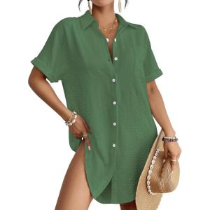 imageBsubseach Women Swimsuit Coverup Shirt Dress Button Down Bathing Suit Cover Up BeachwearGreen