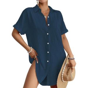 imageBsubseach Women Swimsuit Coverup Shirt Dress Button Down Bathing Suit Cover Up BeachwearNavy Blue