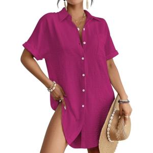 imageBsubseach Women Swimsuit Coverup Shirt Dress Button Down Bathing Suit Cover Up BeachwearRose Red