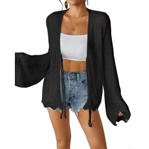 imageBsubseach Women Tie Front Crochet Cardigan Long Sleeve Knit Swimsuit Coverup Kimono Beach Cover Up Vacation OutfitsBlack