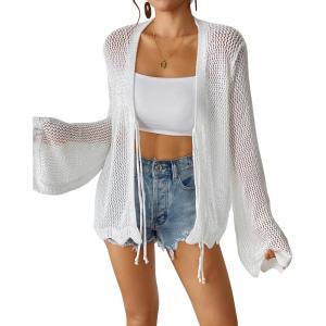 imageBsubseach Women Tie Front Crochet Cardigan Long Sleeve Knit Swimsuit Coverup Kimono Beach Cover Up Vacation OutfitsWhite