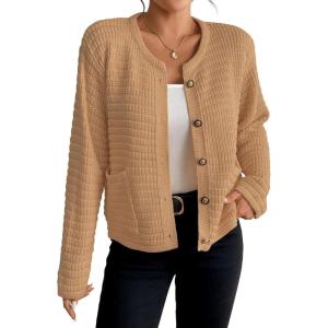 imageBsubseach Womens Cardigan Sweaters 2025 Long Sleeve Open Front Button Down Knit Jackets Fall Cardigans with PocketsKhaki
