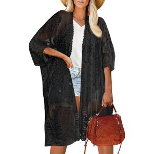 imageBsubseach Lace Kimonos for Women 2025 Swim Cover Up Summer Beach Coverup Open Front Sheer Kimono CardiganBlack