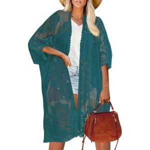 imageBsubseach Lace Kimonos for Women 2025 Swim Cover Up Summer Beach Coverup Open Front Sheer Kimono CardiganBlue
