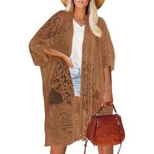 imageBsubseach Lace Kimonos for Women 2025 Swim Cover Up Summer Beach Coverup Open Front Sheer Kimono CardiganBrown