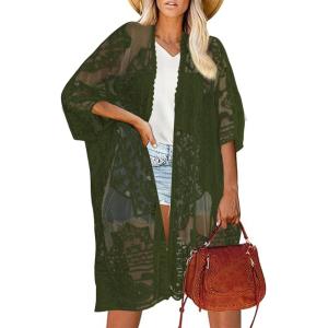 imageBsubseach Lace Kimonos for Women 2025 Swim Cover Up Summer Beach Coverup Open Front Sheer Kimono CardiganGreen