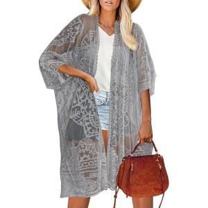 imageBsubseach Lace Kimonos for Women 2025 Swim Cover Up Summer Beach Coverup Open Front Sheer Kimono CardiganGrey