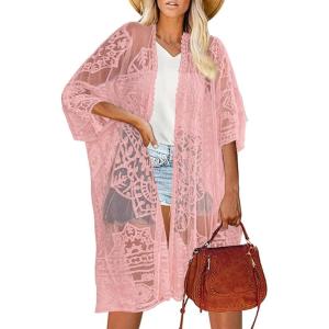 imageBsubseach Lace Kimonos for Women 2025 Swim Cover Up Summer Beach Coverup Open Front Sheer Kimono CardiganPink