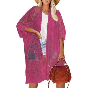 imageBsubseach Lace Kimonos for Women 2025 Swim Cover Up Summer Beach Coverup Open Front Sheer Kimono CardiganRose Red