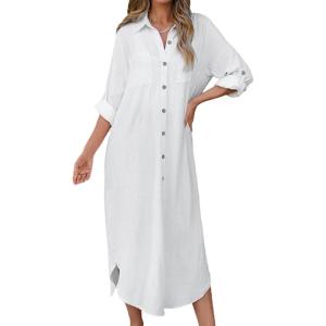 imageBsubseach Swimsuit Coverup for Women 2024 Casual Dresses Button Down Beach Dress Long Kimonos Cardigans with PocketsWhite
