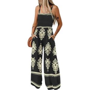 imageBsubseach Women Boho Jumpsuits Sleeveless Floral Print High Waist Wide Leg Overalls with Pocket 2025 Summer Vacation OutfitsBlack