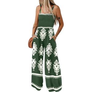 imageBsubseach Women Boho Jumpsuits Sleeveless Floral Print High Waist Wide Leg Overalls with Pocket 2025 Summer Vacation OutfitsDark Green