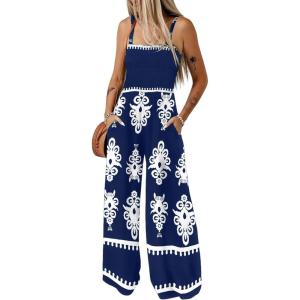 imageBsubseach Women Boho Jumpsuits Sleeveless Floral Print High Waist Wide Leg Overalls with Pocket 2025 Summer Vacation OutfitsDeep Blue