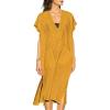 imageBsubseach Women Plaid Swimsuit Cover Up V Neck Kaftan Dresses Caftan Maxi DressYellow