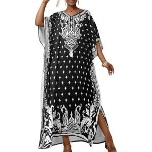 imageBsubseach Ethnic Kaftan Dresses for Women Plus Size Beach Coverup Short Sleeve Beach Dress Caftan LoungewearBlack