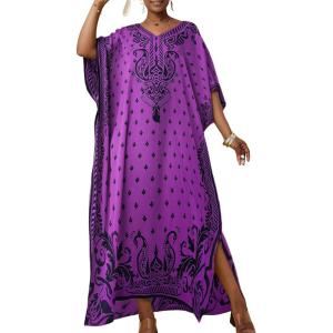 imageBsubseach Ethnic Kaftan Dresses for Women Plus Size Beach Coverup Short Sleeve Beach Dress Caftan LoungewearPurple