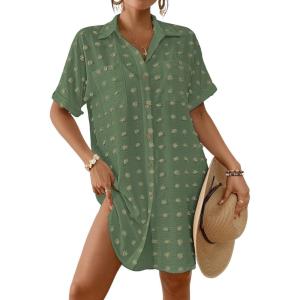 imageBsubseach Swimsuit Coverup for Women Swiss Dot Bathing Suit Swimwear Button Down Beach Shirt Cover Up Resort WearArmy Green
