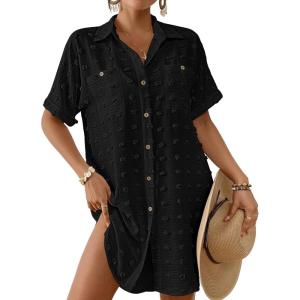 imageBsubseach Swimsuit Coverup for Women Swiss Dot Bathing Suit Swimwear Button Down Beach Shirt Cover Up Resort WearBlack