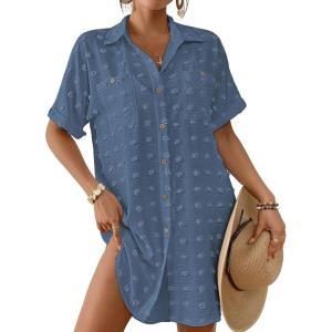 imageBsubseach Swimsuit Coverup for Women Swiss Dot Bathing Suit Swimwear Button Down Beach Shirt Cover Up Resort WearHaze Blue